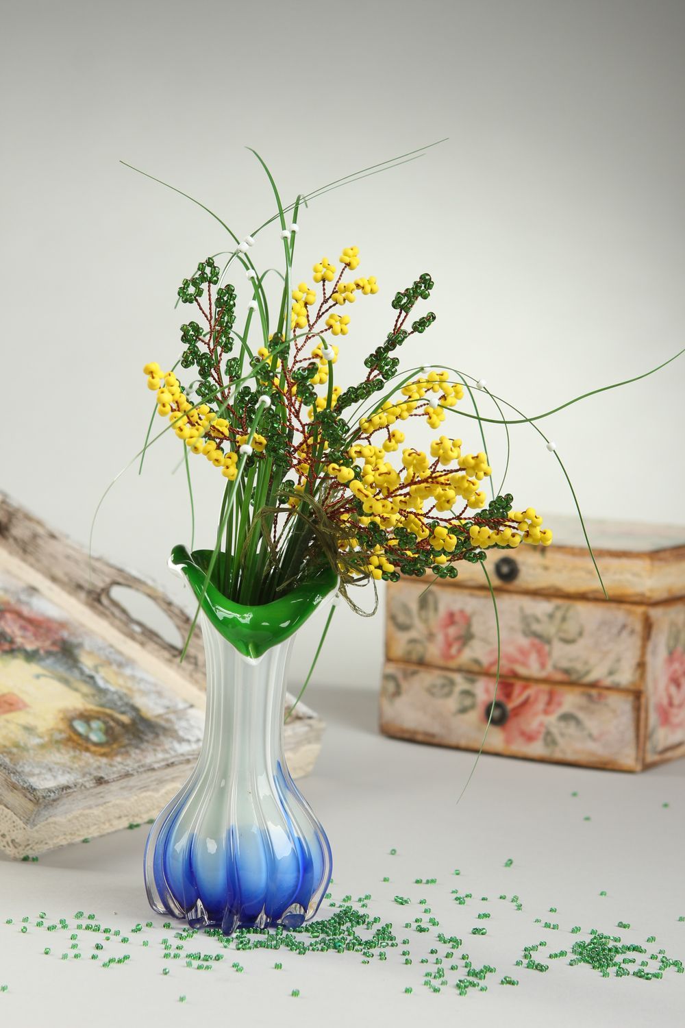 Handmade Glasperlen Blumen Mimosen künstliche Zimmerpflanzen Wohn Accessoire foto 1