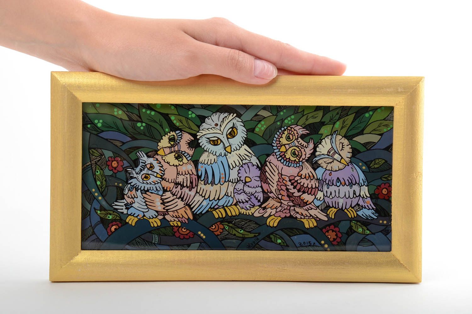 Картина масляными красками в деревянной раме прямоугольная с совами хэнд мейд фото 5