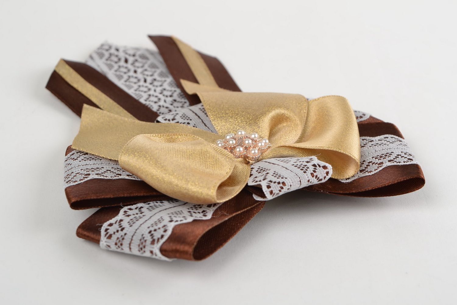 Handmade designer satin ribbon brooch in the shape of bow in brown color palette photo 4