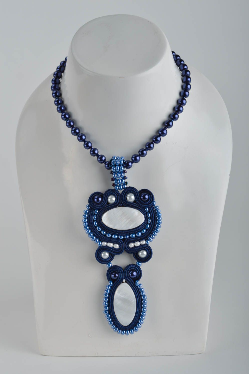 Beautiful blue handmade elegant soutache necklace with Czech beads photo 3