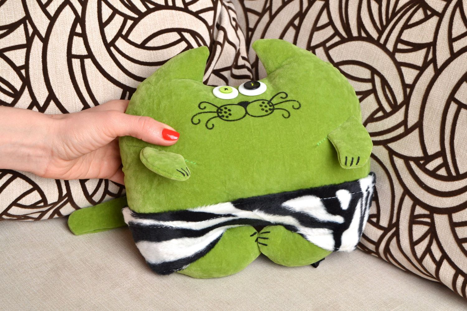 Handmade green soft cushion in the form of a cat made of flock fabric photo 2