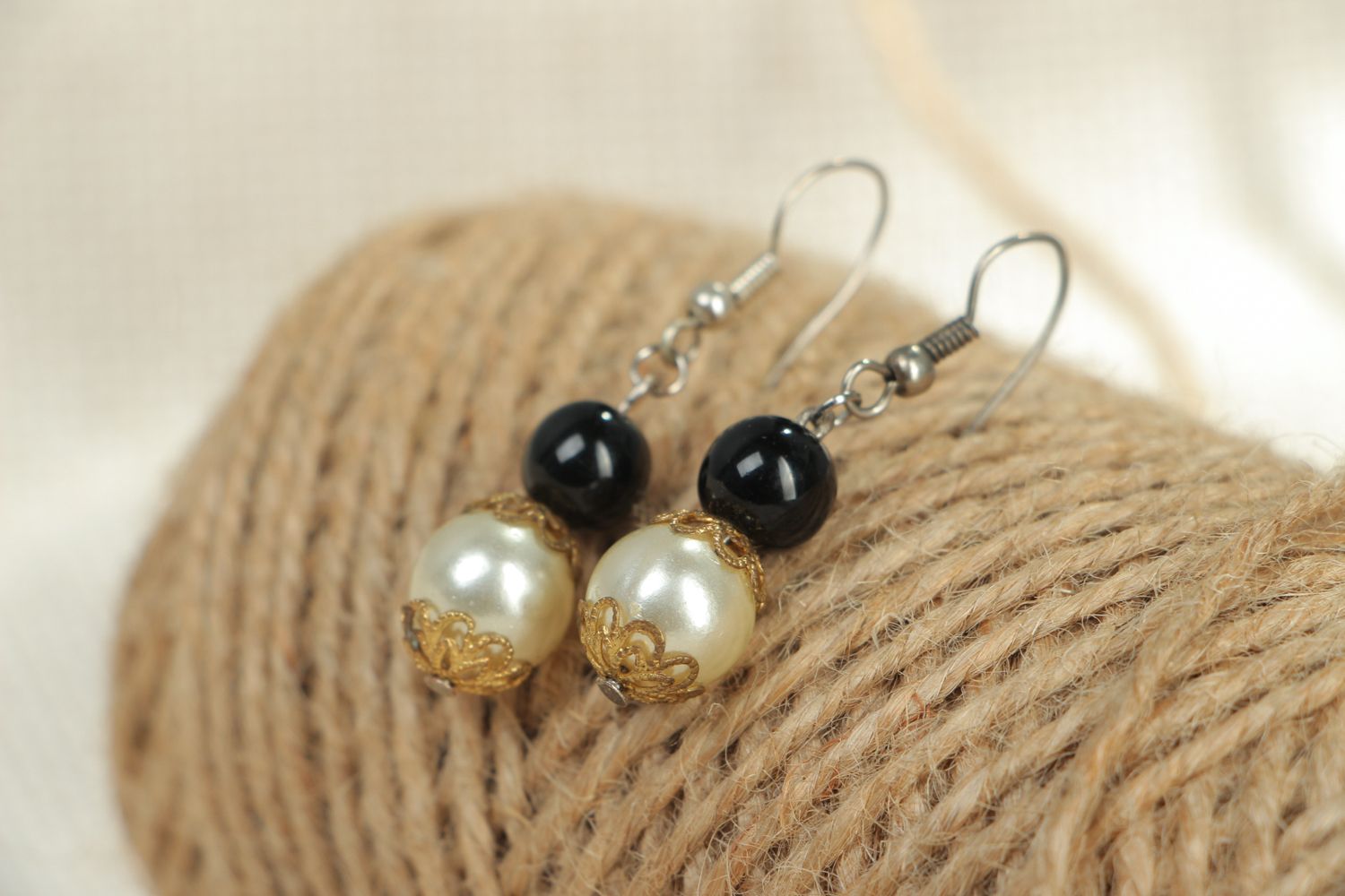 Handmade metal earrings with beads photo 4