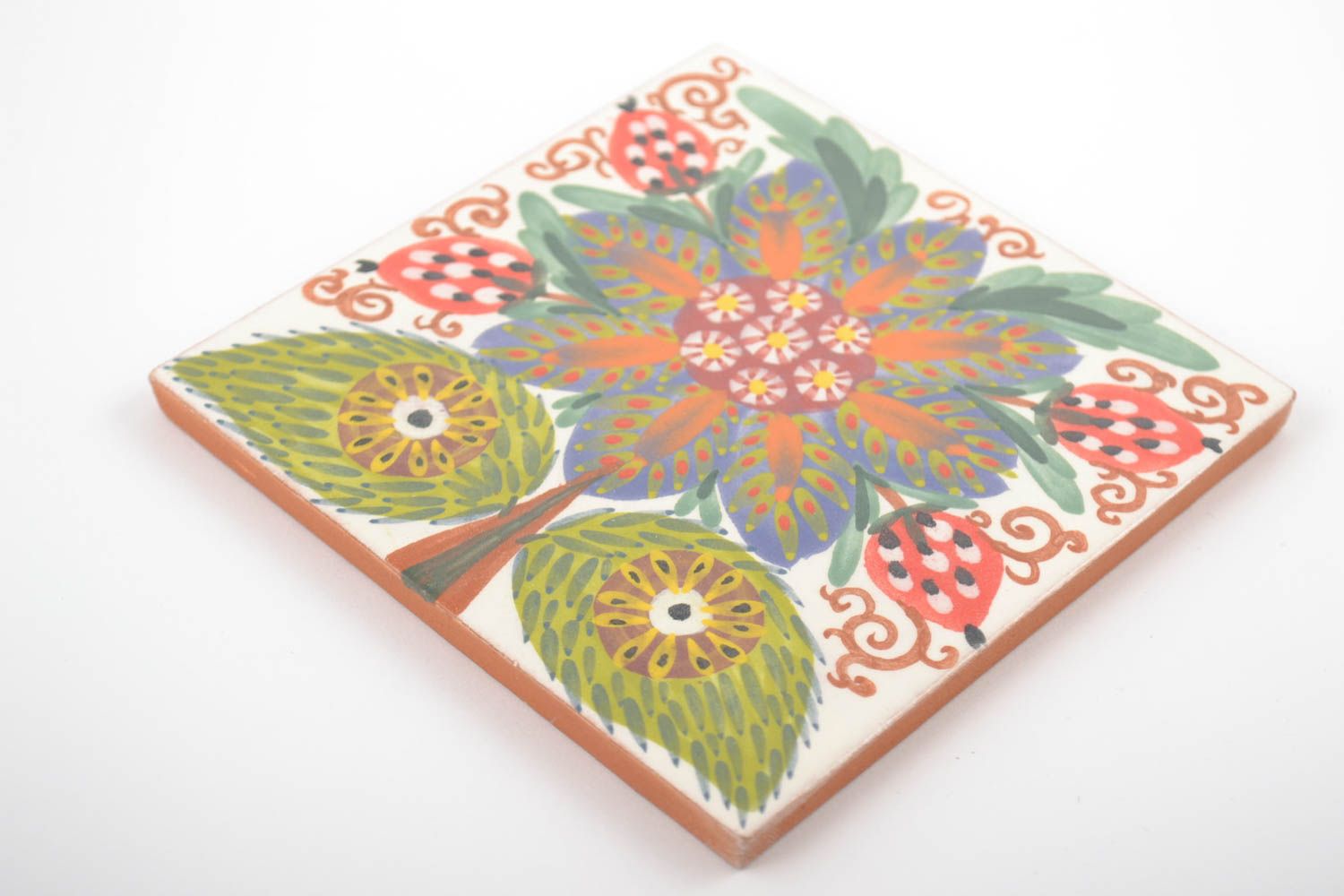 Handmade decorative ceramic tile painted with engobes with colorful flower image photo 4