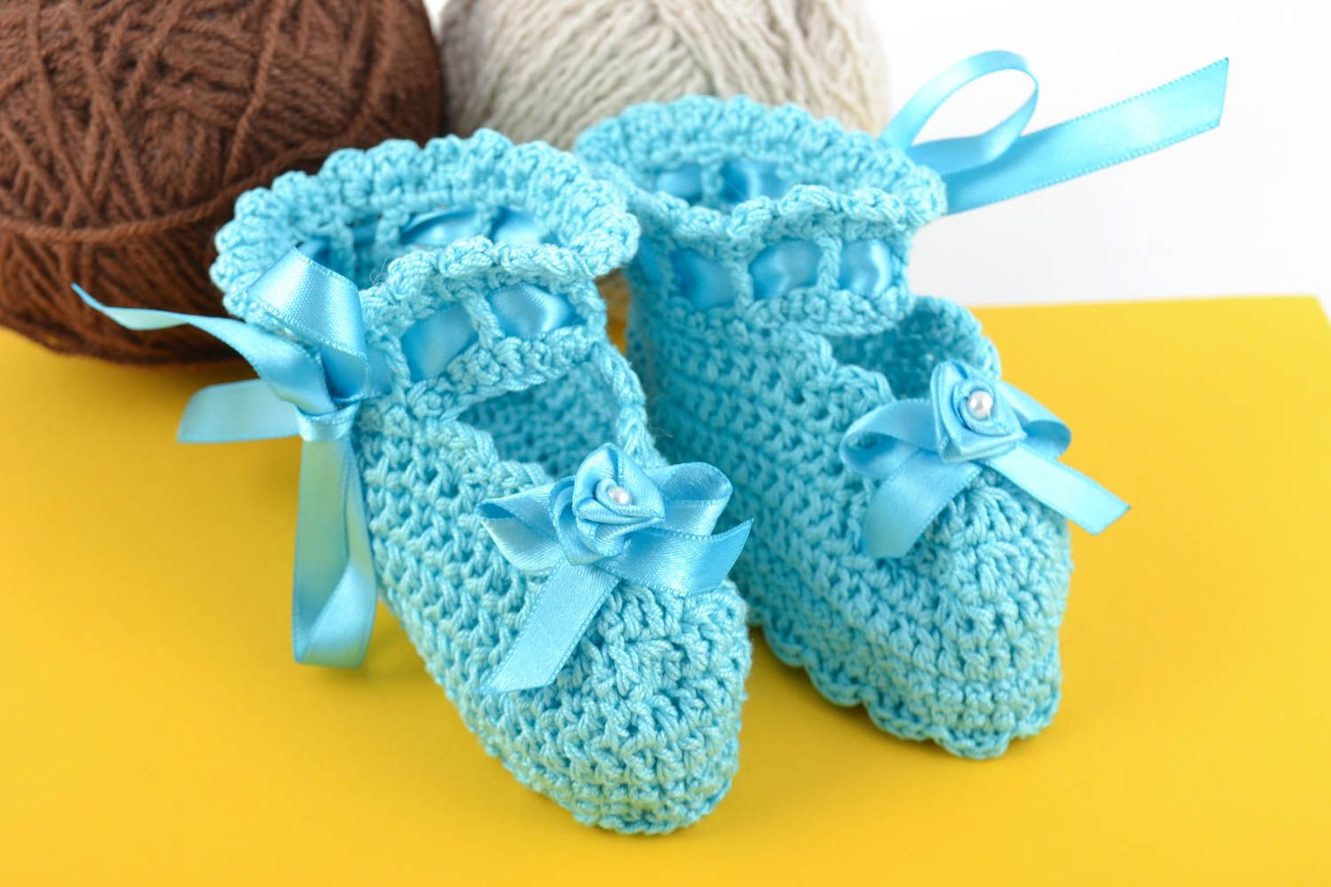 Beautiful handmade blue crochet cotton baby booties with bows and flowers photo 1