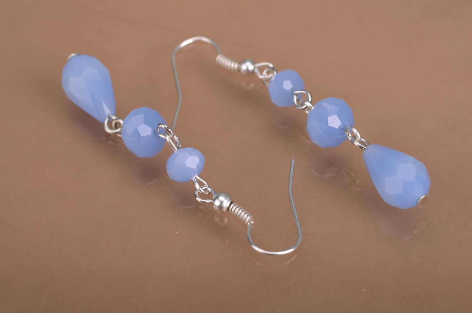 Handmade designer long dangle earrings with blue faceted glass beads for women photo 5