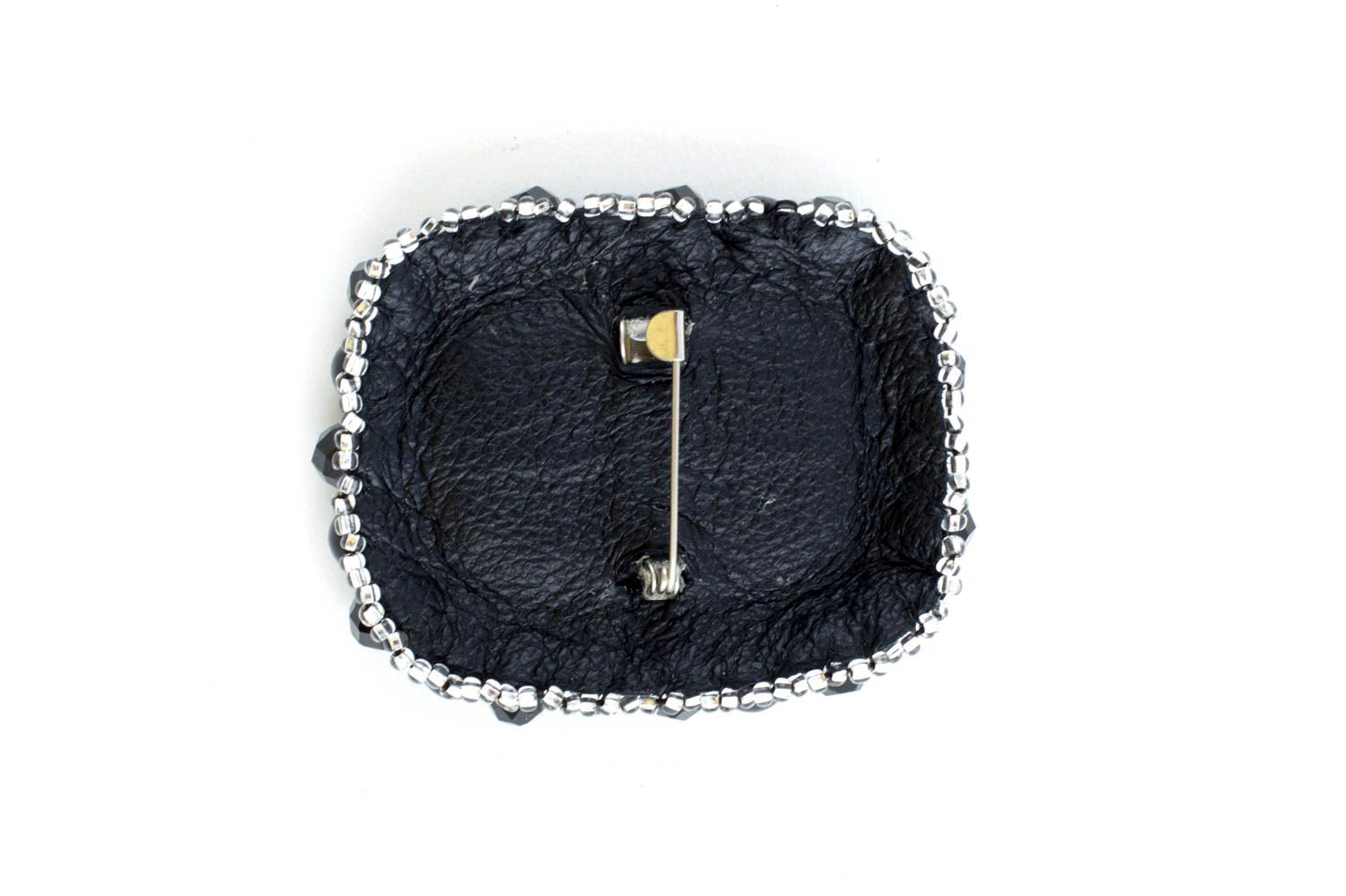 Handmade elegant festive black agate brooch with seed beads on leather basis photo 3