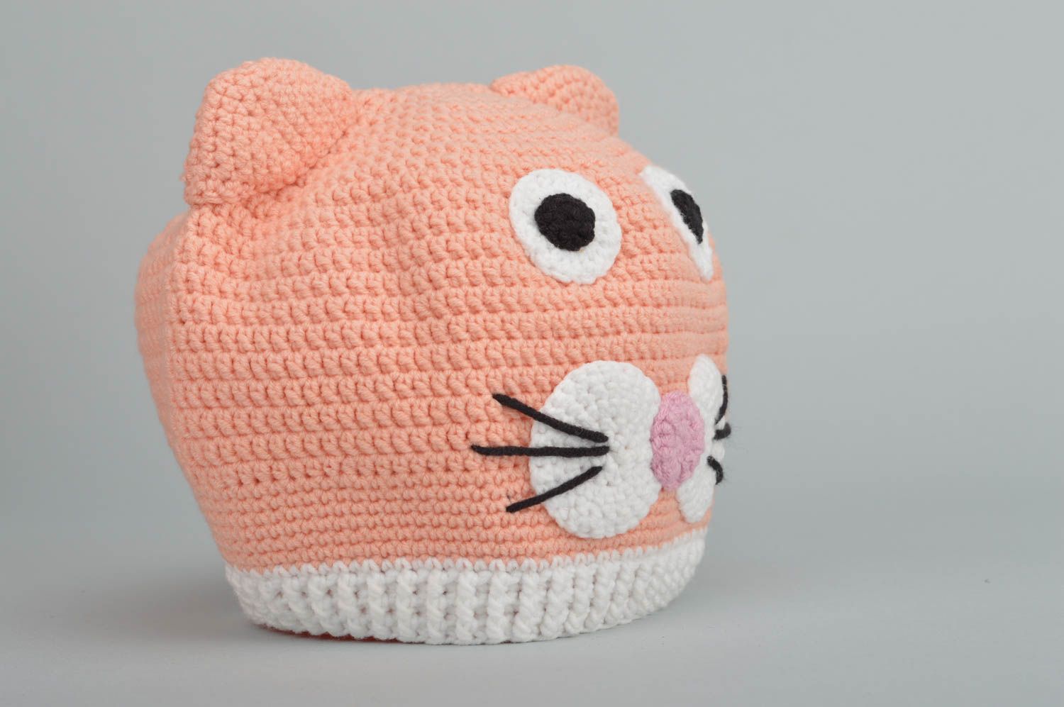 Handmade funny baby's hat crocheted of cotton and woolen threads pink cat photo 3
