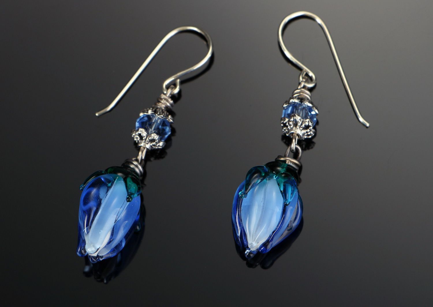 Silver earrings with glass Blue buds photo 2