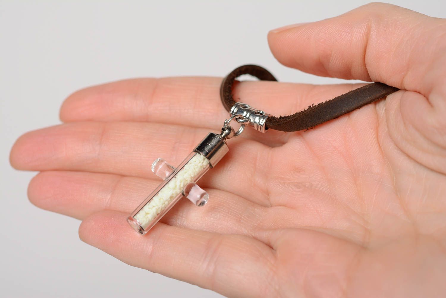 Unusual handmade designer leather cord bracelet with glass cross photo 3