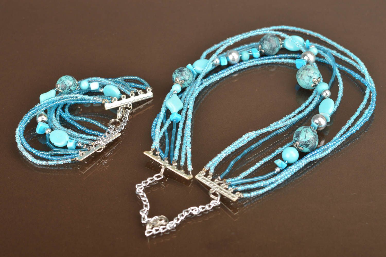 Handgemachtes schönes elegantes Glasperlen Schmuckset in Blau Collier Armband  foto 2