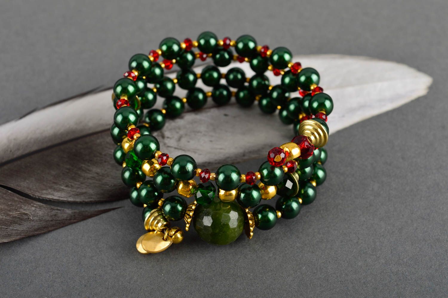 Handmade green artificial pearls bracelet unique jewelry present for woman photo 1