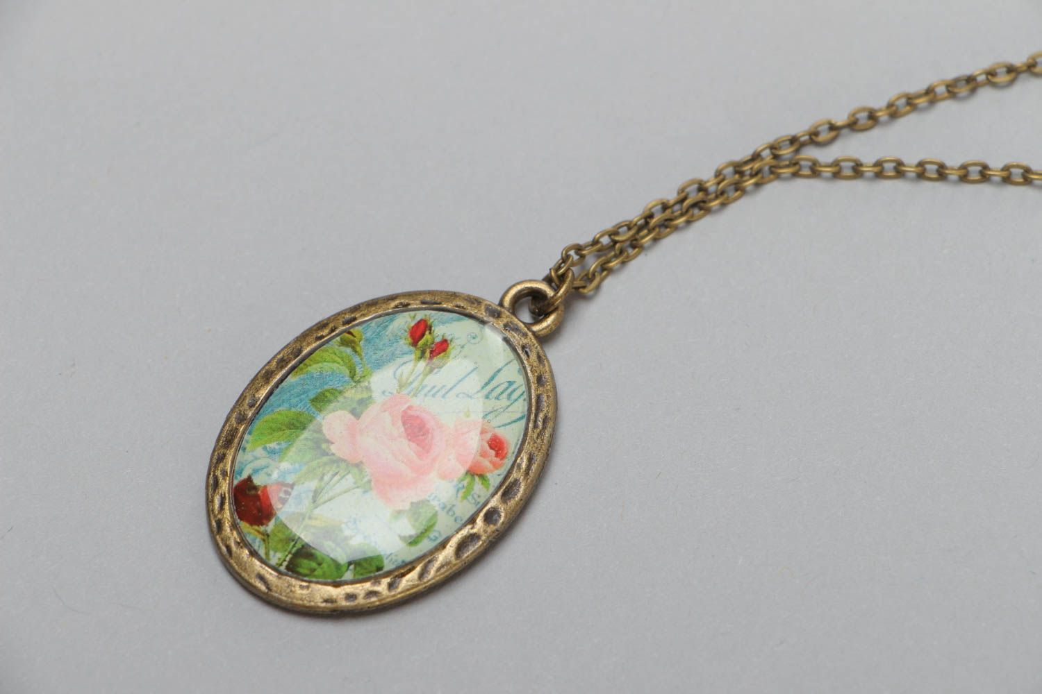 Handmade oval glassy glaze pendant with beautiful print on long chain photo 3