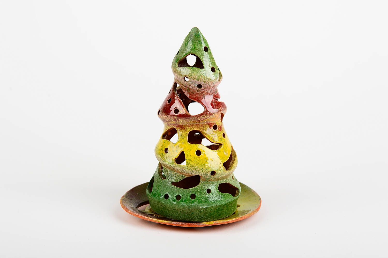 Ceramic tea light light-glow Christmas green, yellow, red tree candle holder 6,9 inches photo 1
