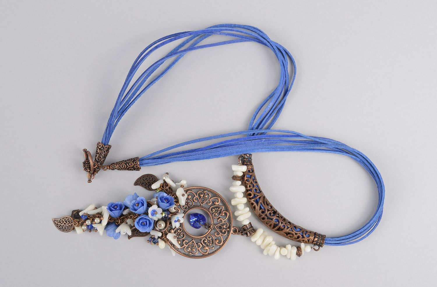 Collier pendentif Bijou fait main bleu métal corail pâte polymère Cadeau femme photo 2