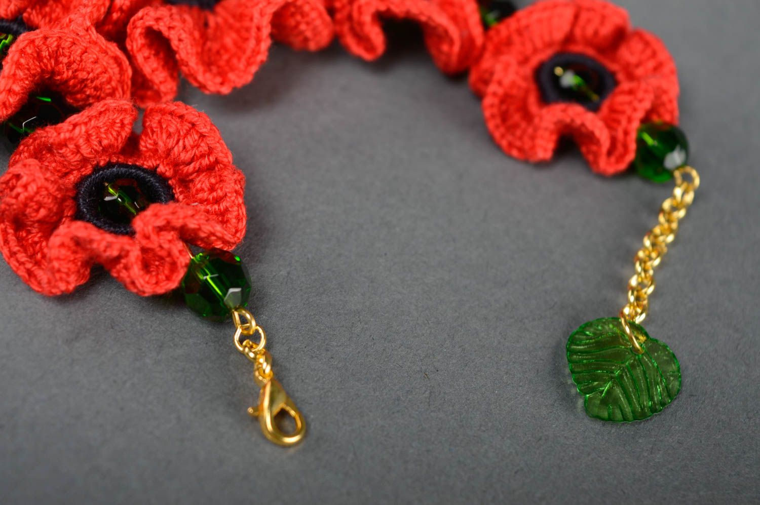 Bright crochet bracelet with red poppy flowers photo 3