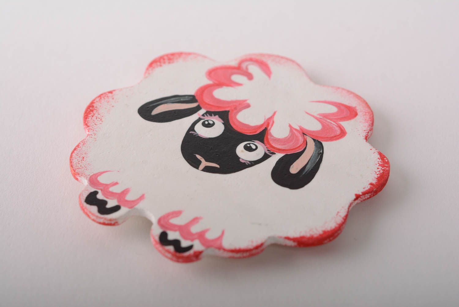Beautiful pink handmade plywood fridge magnet in the shape of sheep photo 2