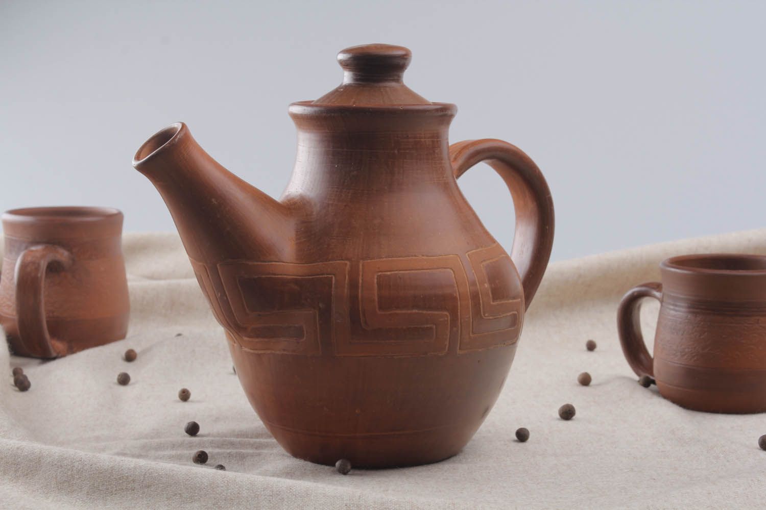 Bule de cerâmica decorativo com tampa feito à mão chaleira de argila artesanal foto 1