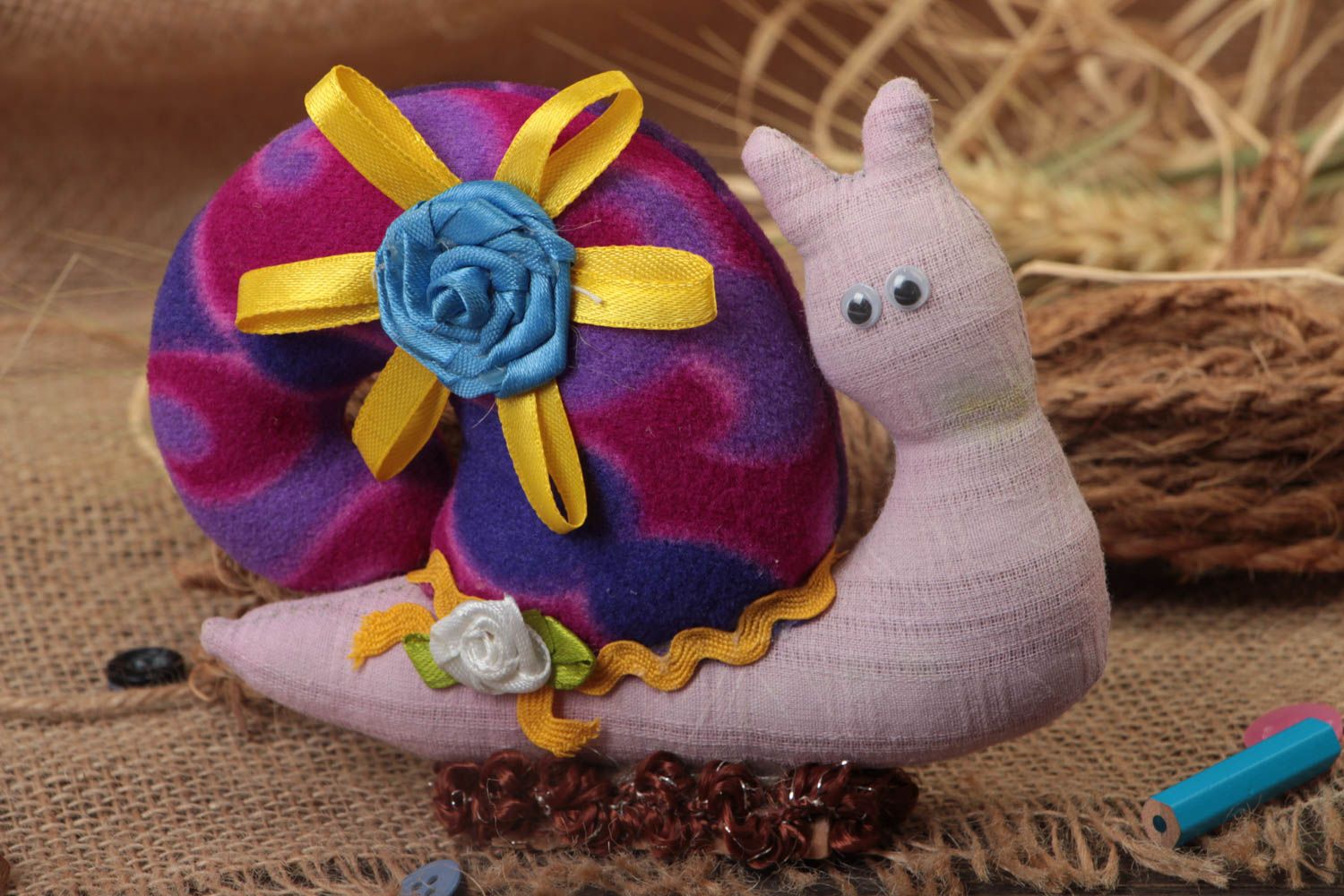 Handmade snail toy made of calico and fleece beautiful bright gift for children photo 1