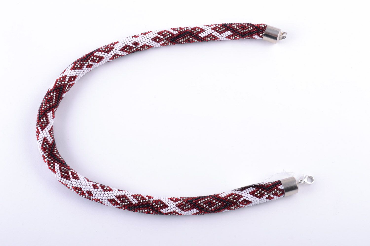 Handmade white beaded cord necklace with red patterns in ethnic style photo 4