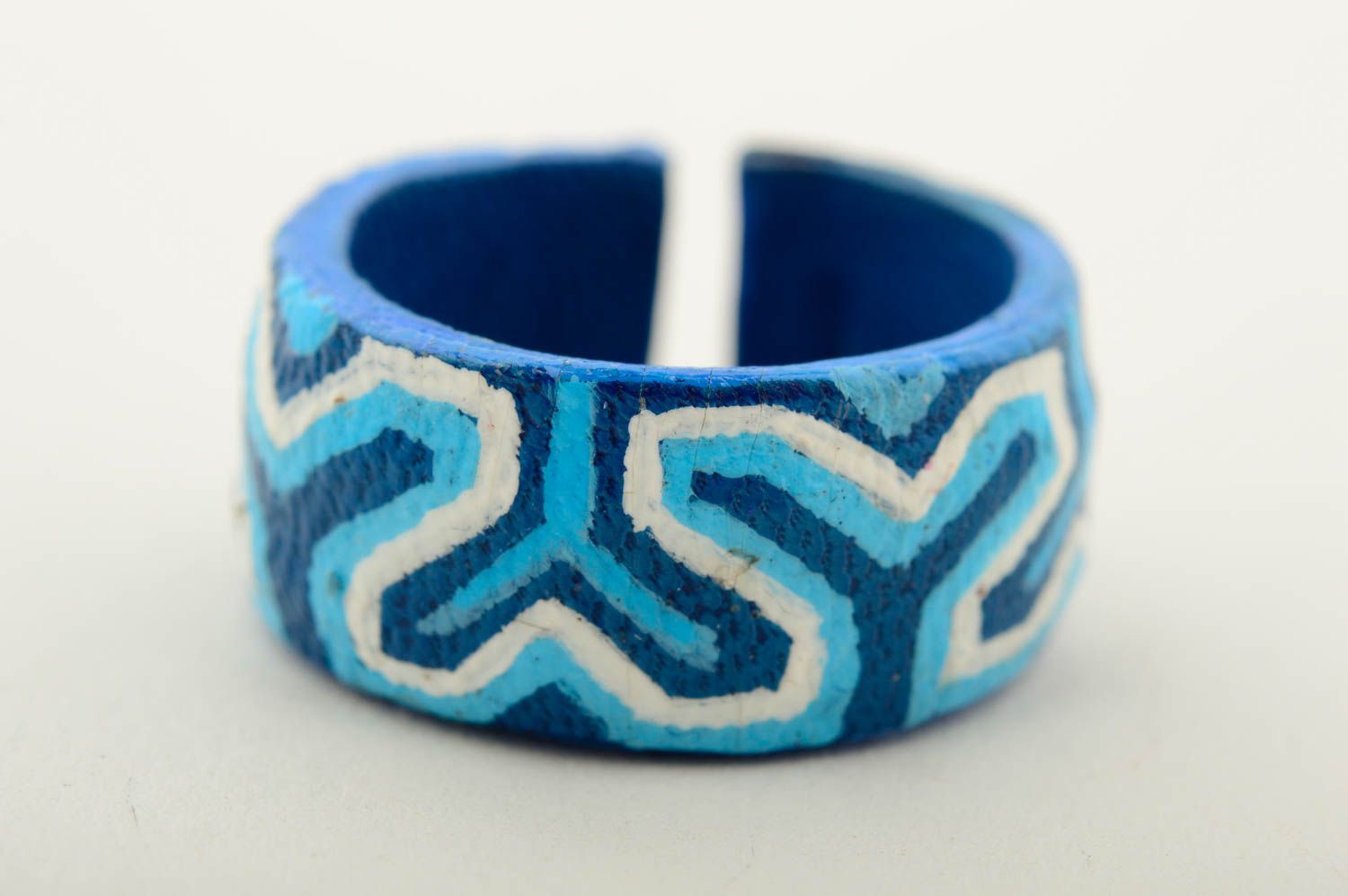 Кольцо ручной работы кожаный аксессуар голубой оригинальное кольцо с росписью фото 3