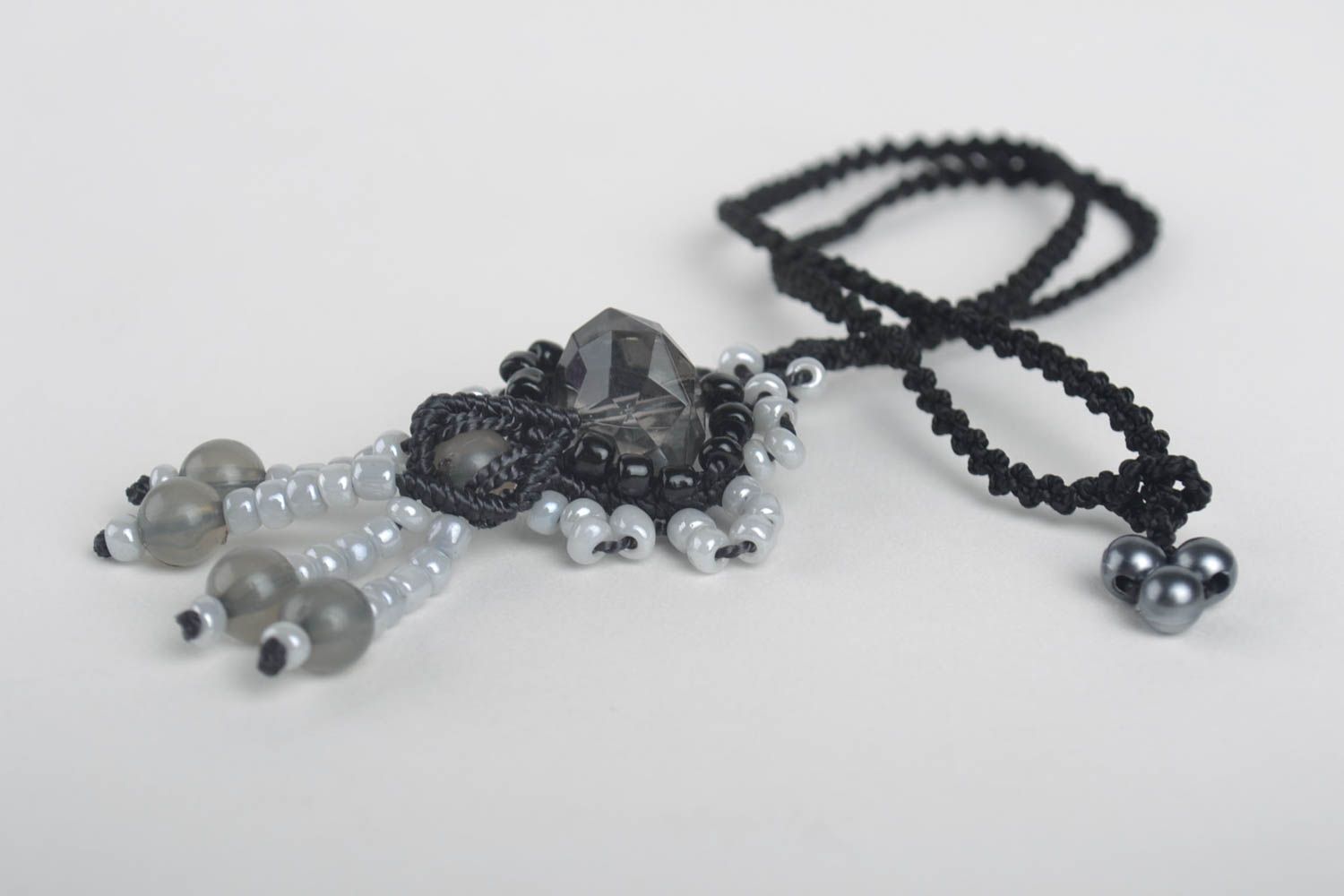 Black textile pendant stylish beaded pendant handmade designer jewelry photo 4