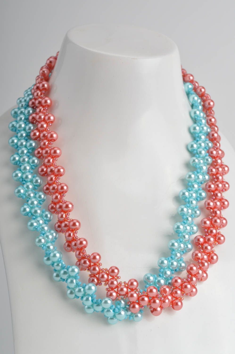 Set of handmade beaded necklaces 2 pieces red and blue stylish accessories photo 1