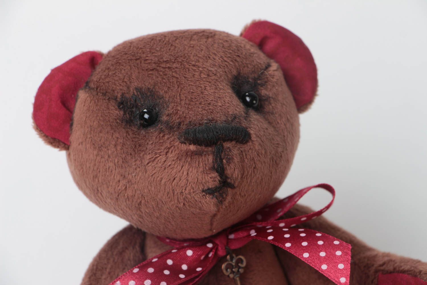 Handmade designer plush soft toy small brown and red bear with bow for children photo 3