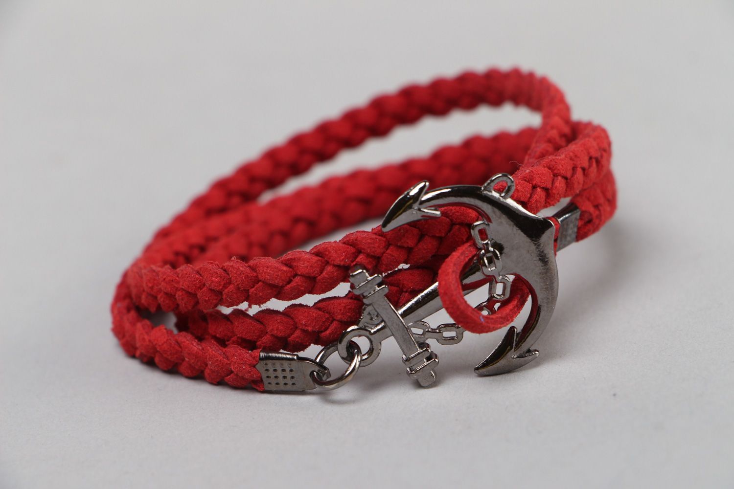 Handmade multi row marine bracelet woven of red artificial suede with anchor photo 1