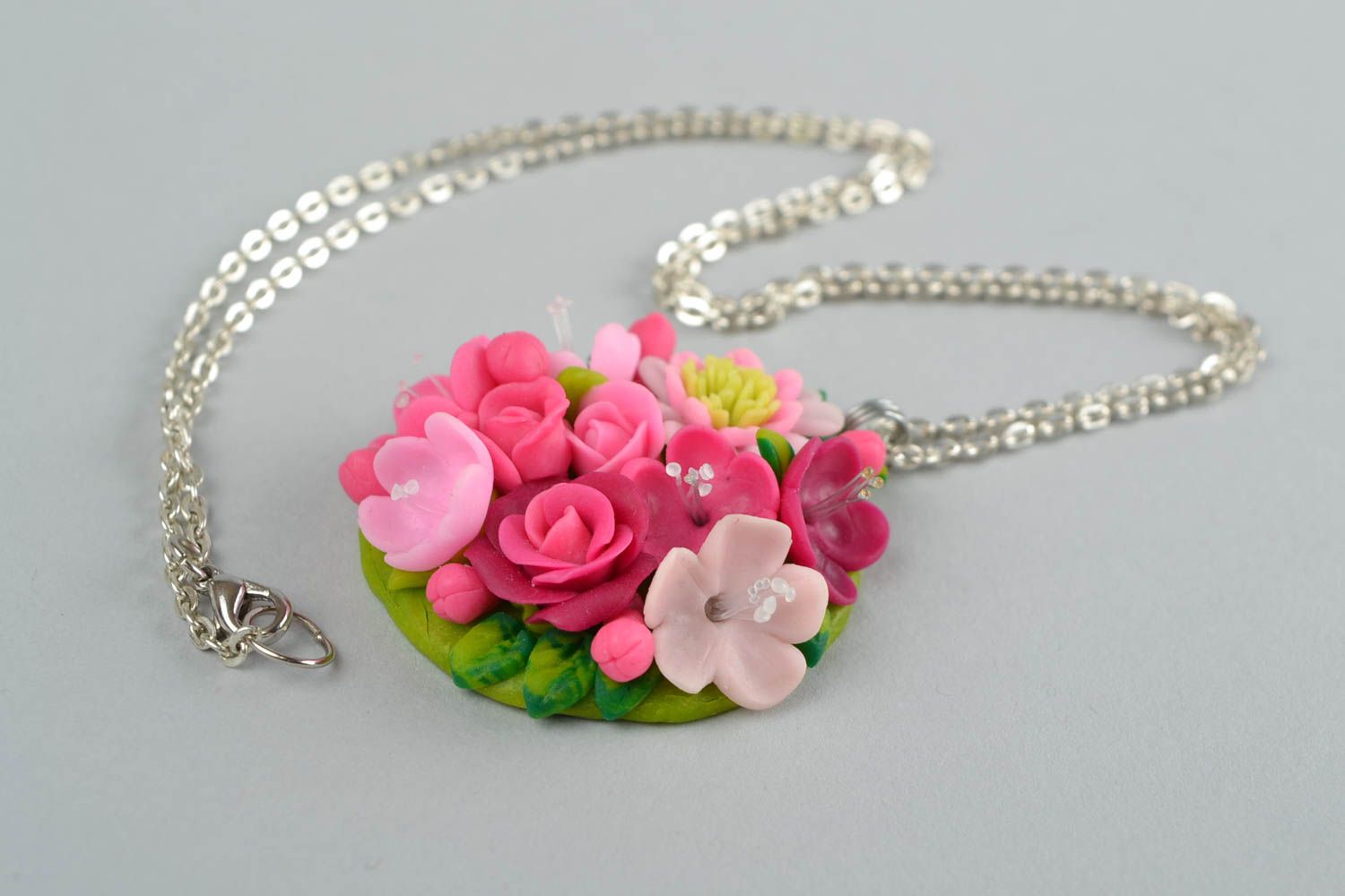 Bright handmade designer polymer clay flower neck pendant on chain photo 4