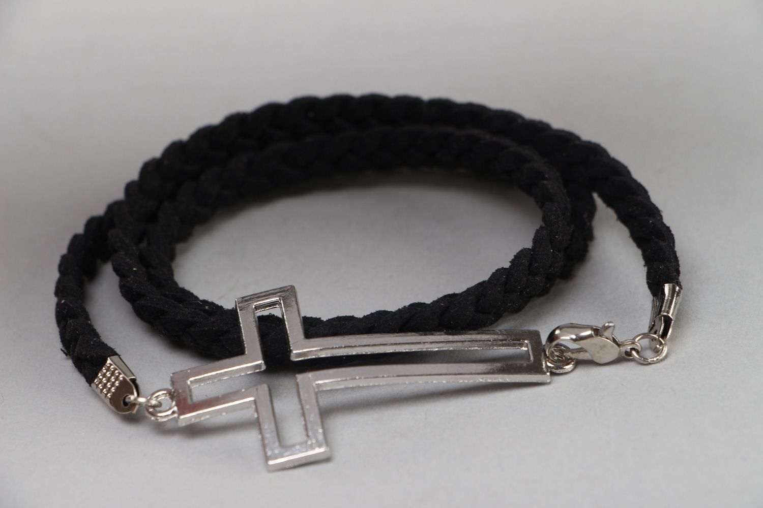 Handmade black cord tennis bracelet in two layers with a metal cross photo 1