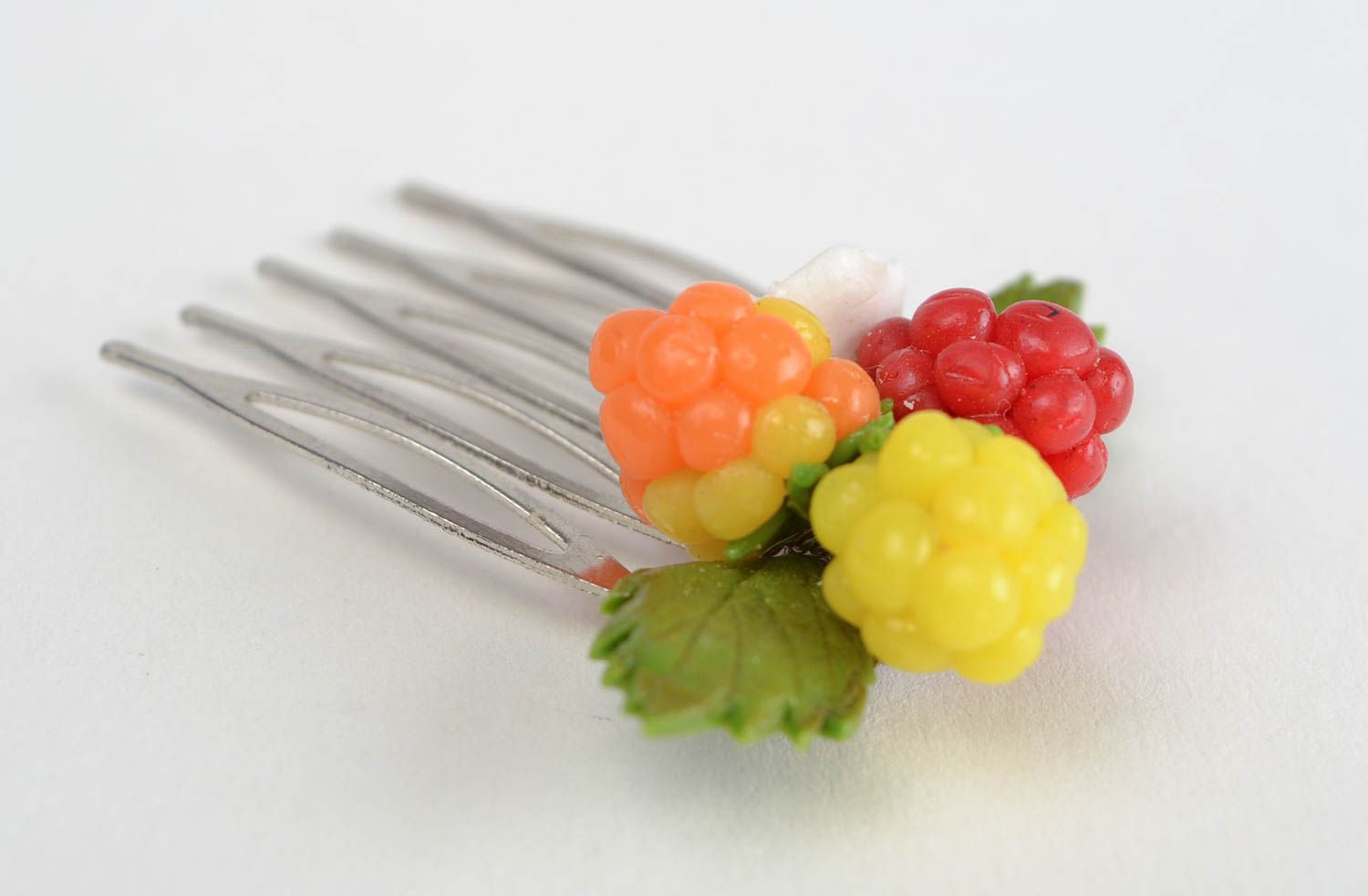 Handmade small decorative hair comb with polymer clay berries and flowers photo 5