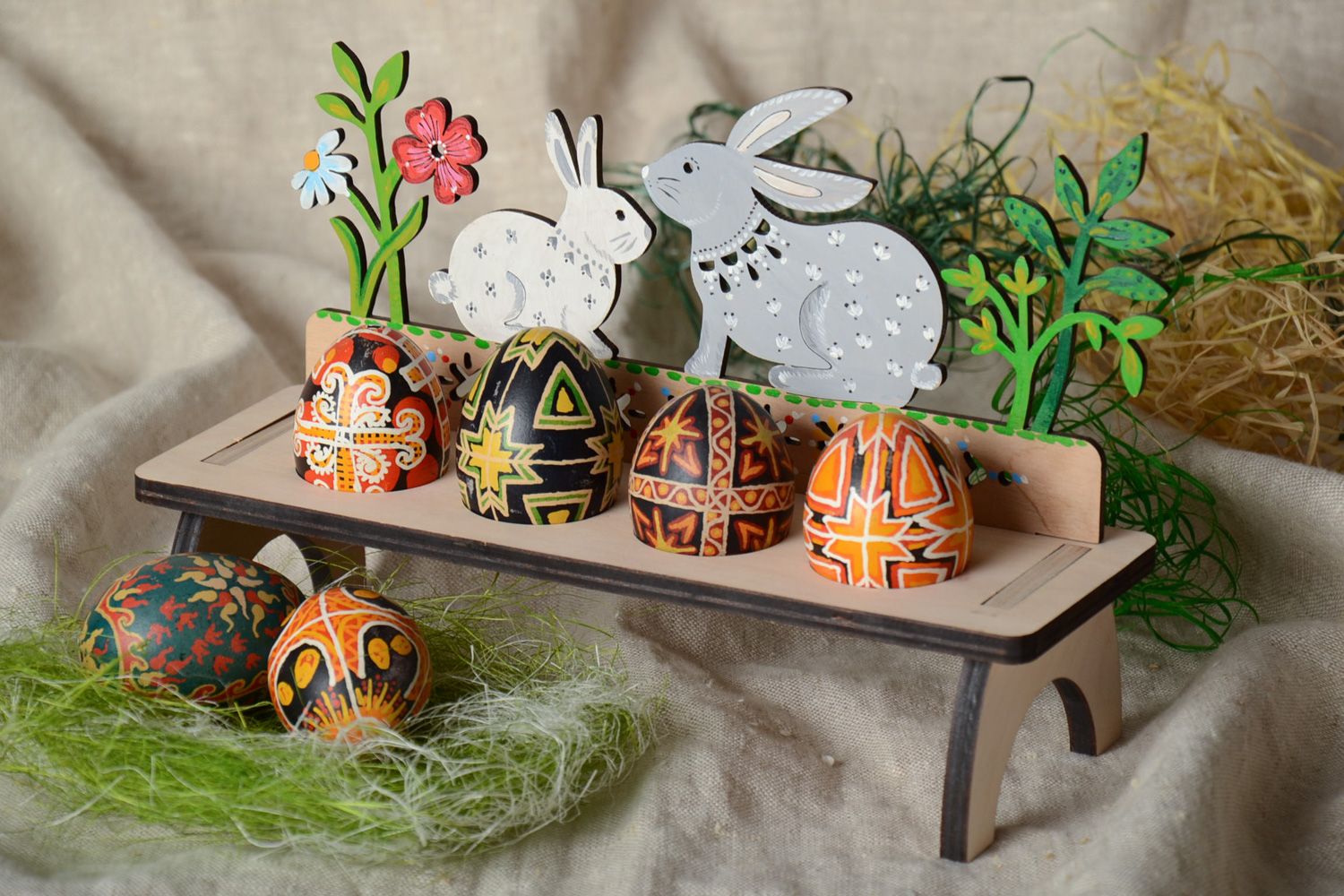Handmade plywood holder for 4 Easter eggs Rabbits photo 1