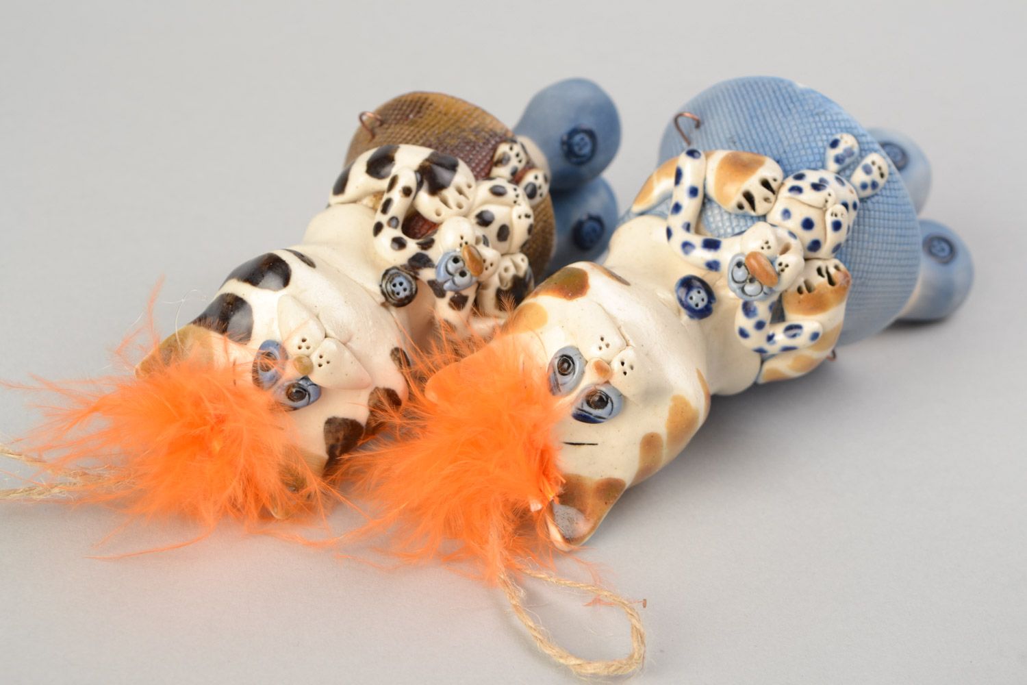 Глиняные колокольчики в виде котиков 2 штуки с росписью глазурью ручной работы фото 2