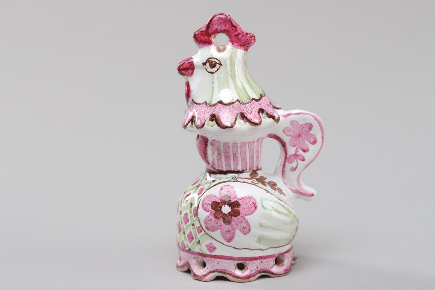 Petite cloche en céramique blanc-rose peint d'émail fait main en forme de coq photo 2