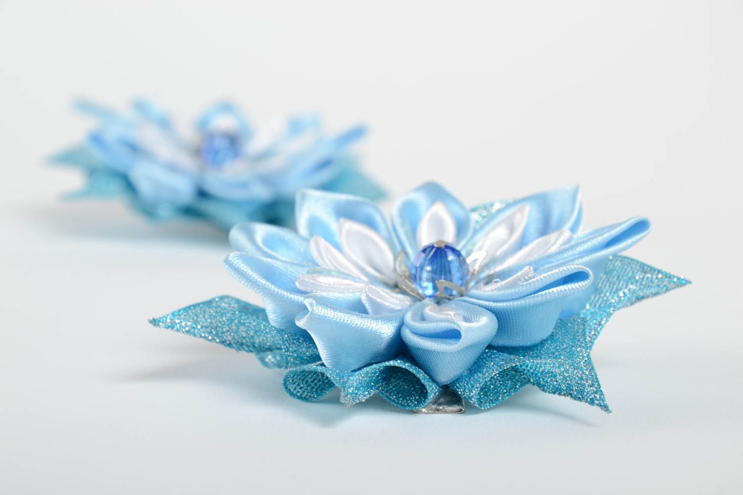 Barrettes fleurs fait main Accessoire coiffure bleue Cadeau pour fille 2 pièces photo 4