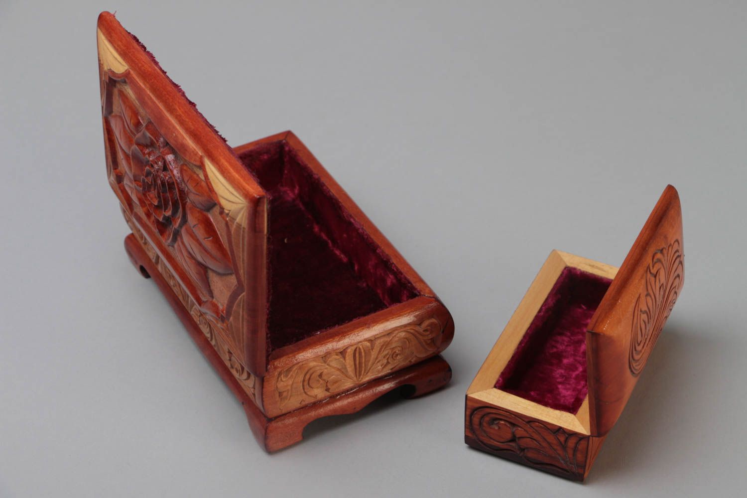Unusual beautiful handmade carved wooden jewelry boxes set 2 pieces photo 4