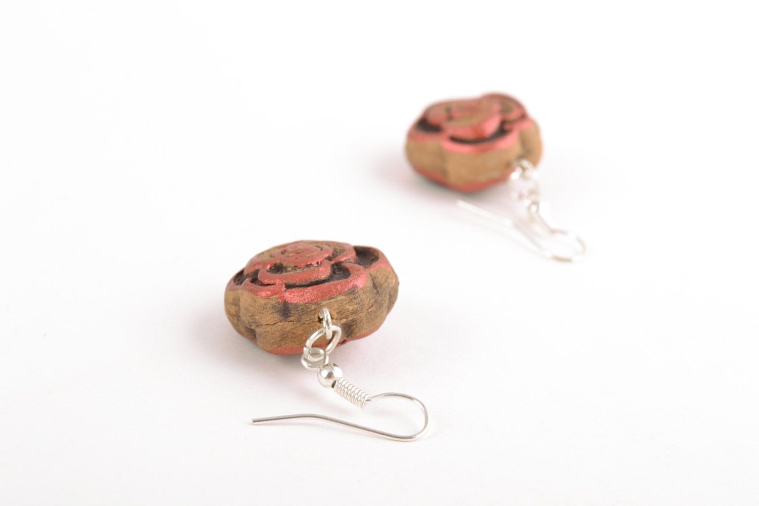 Handmade small brown ceramic dangling earrings painted with acrylics Flowers photo 4