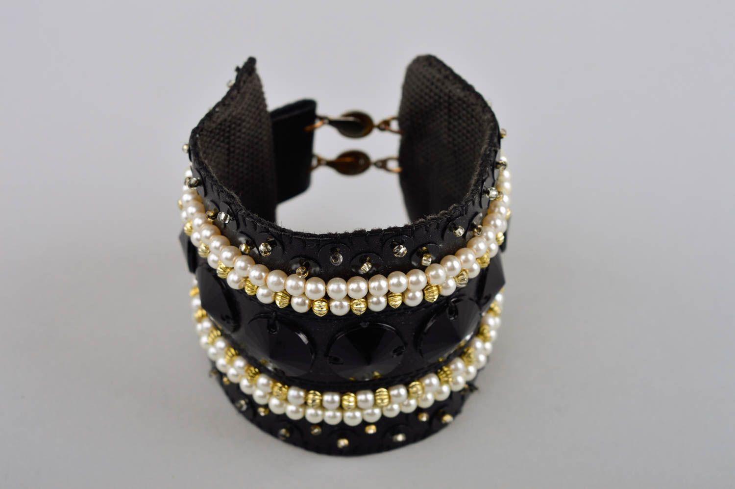 Bracelet fantaisie Bijou fait main noir cuir design de soirée Cadeau femme photo 2