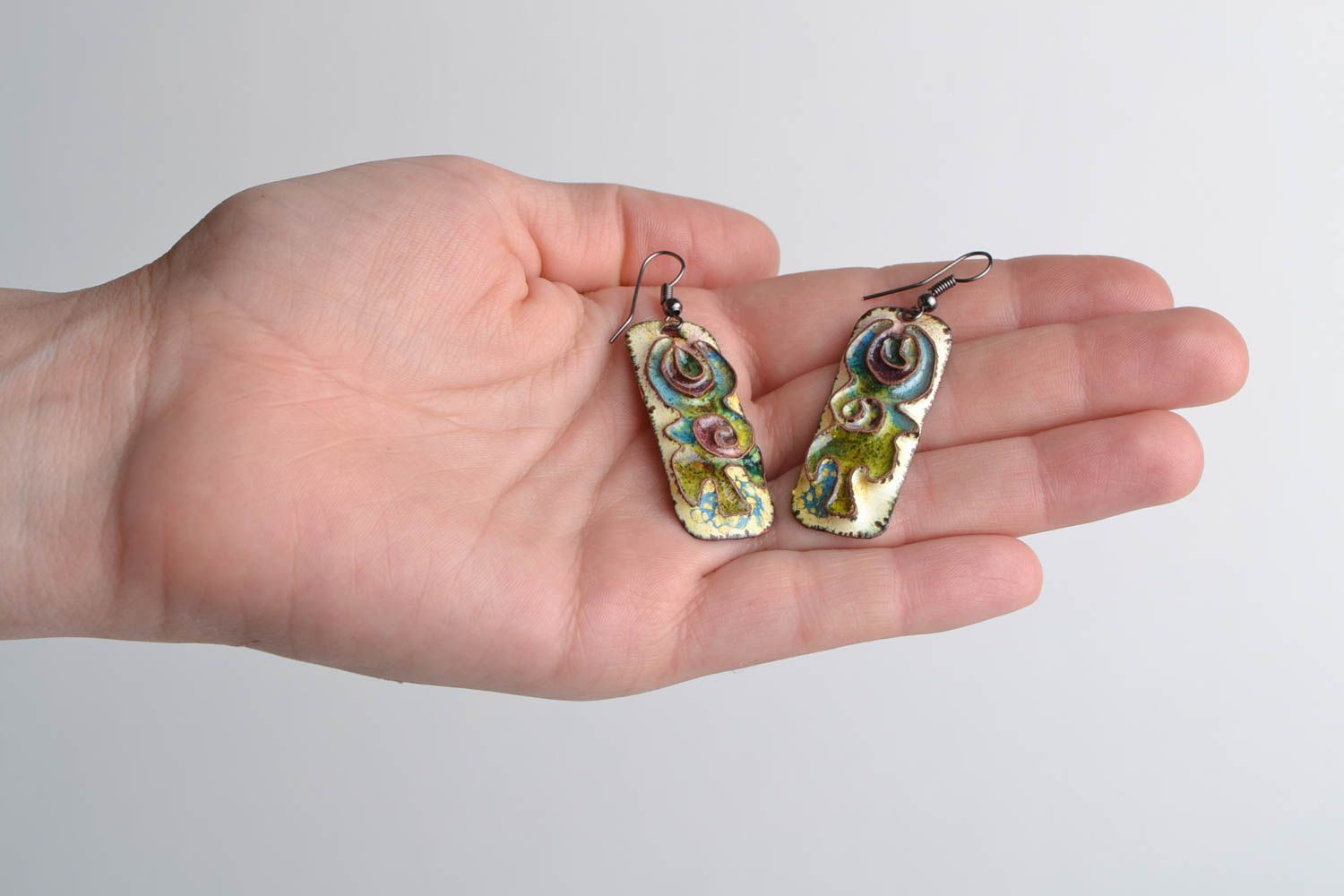 Designer copper long rectangular earrings with handmade filigree enamel painting photo 2