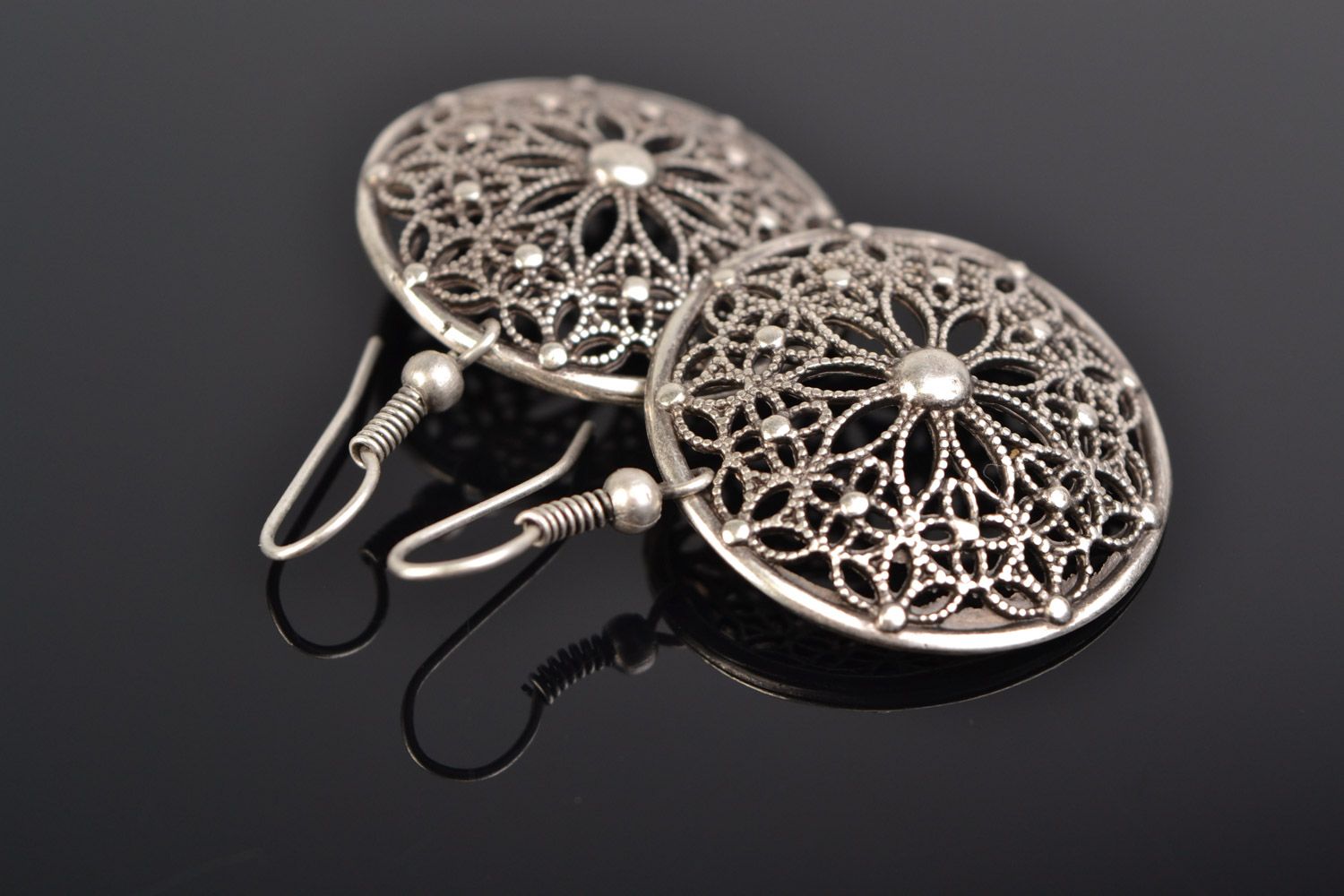 Handmade round lacy dangling earrings cast of metal alloy in ethnic style photo 1