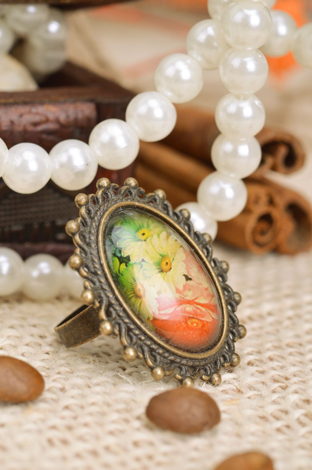 Кольцо в винтажном стиле с принтом цветочным ручной работы женское красивое авторское фото 1