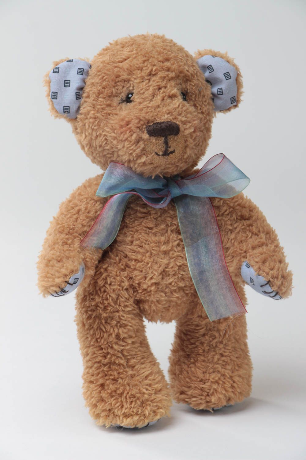 Handmade designer soft toy beige bear with blue bow for children photo 2