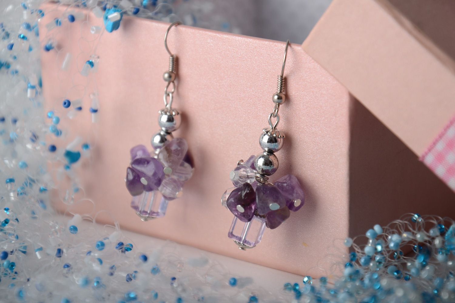 Tender handmade dangle quartz earrings of light violet color with beads photo 1