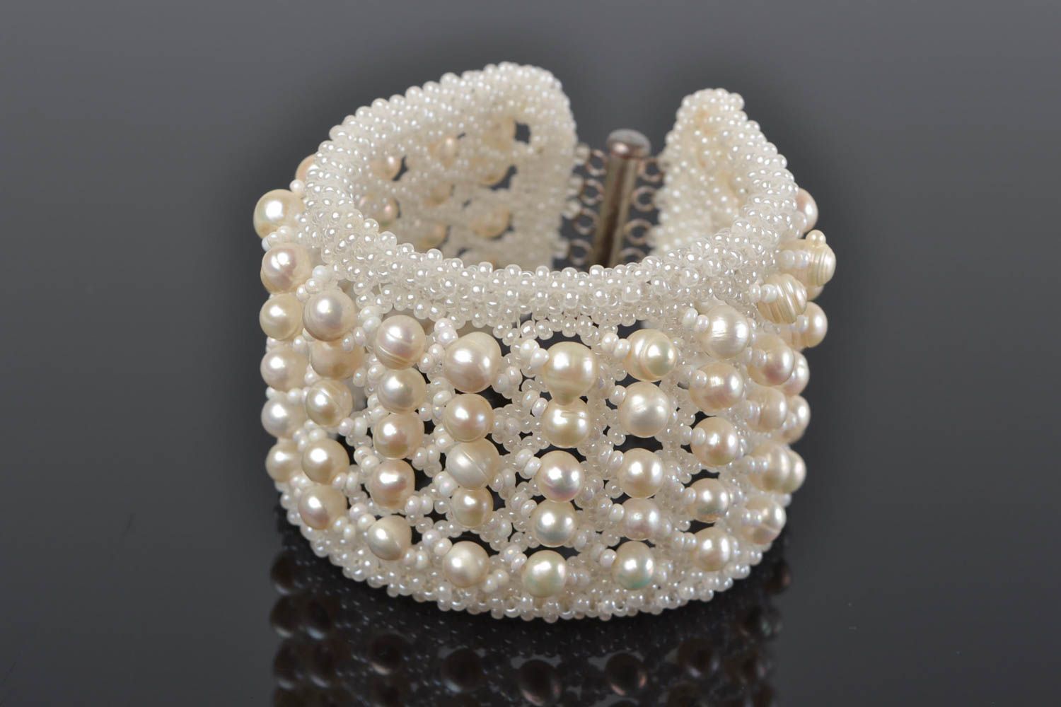 Bracelet with freshwater pearls and beads white wide festive handmade accessory photo 1