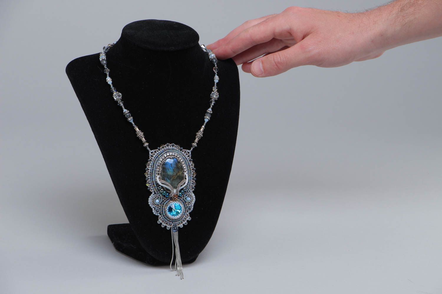 Beautiful beaded pendant with labradorite and crystal evening stylish accessory photo 5