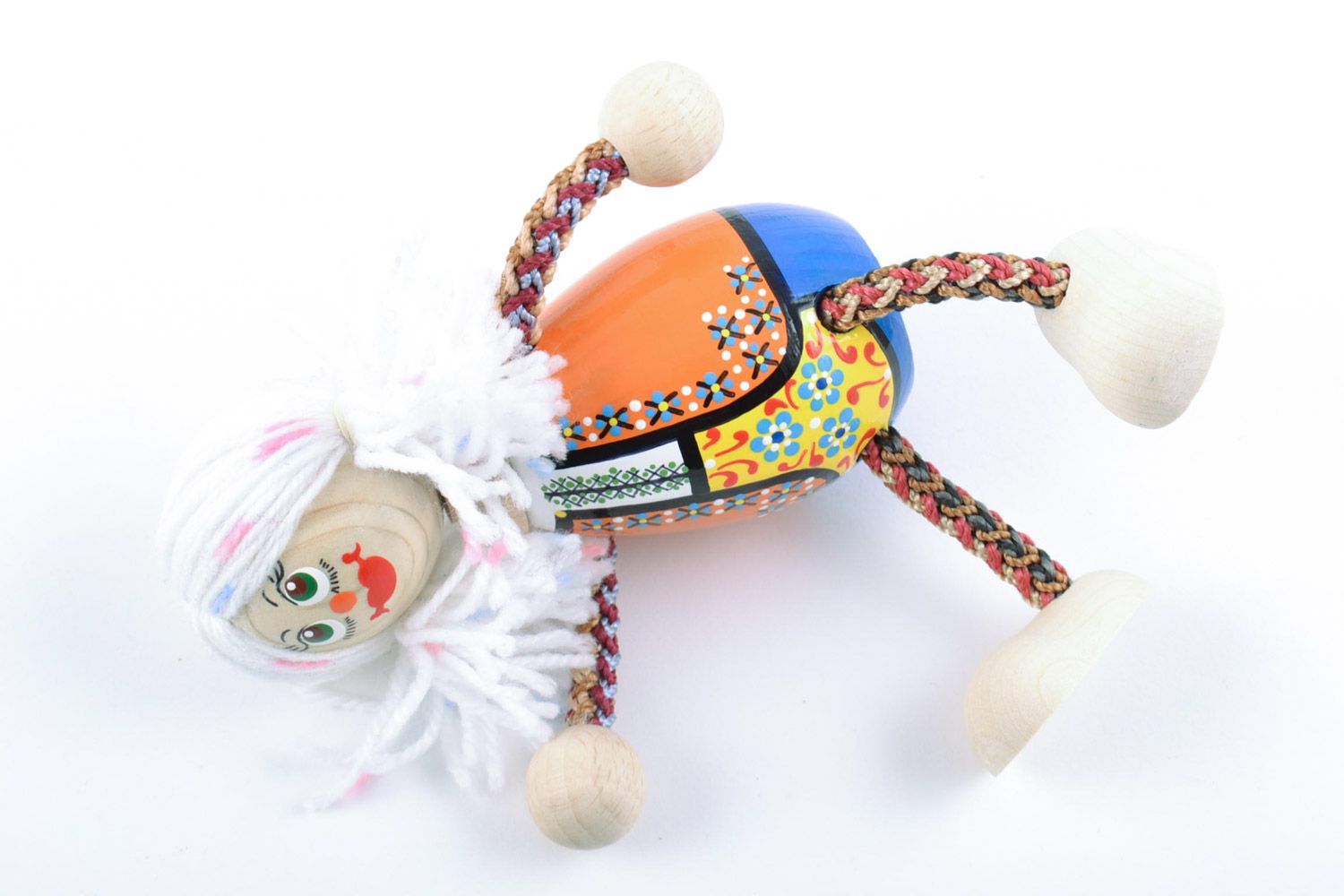 Handmade painted wooden eco toy funny girl in Ukrainian costume with white hair photo 5