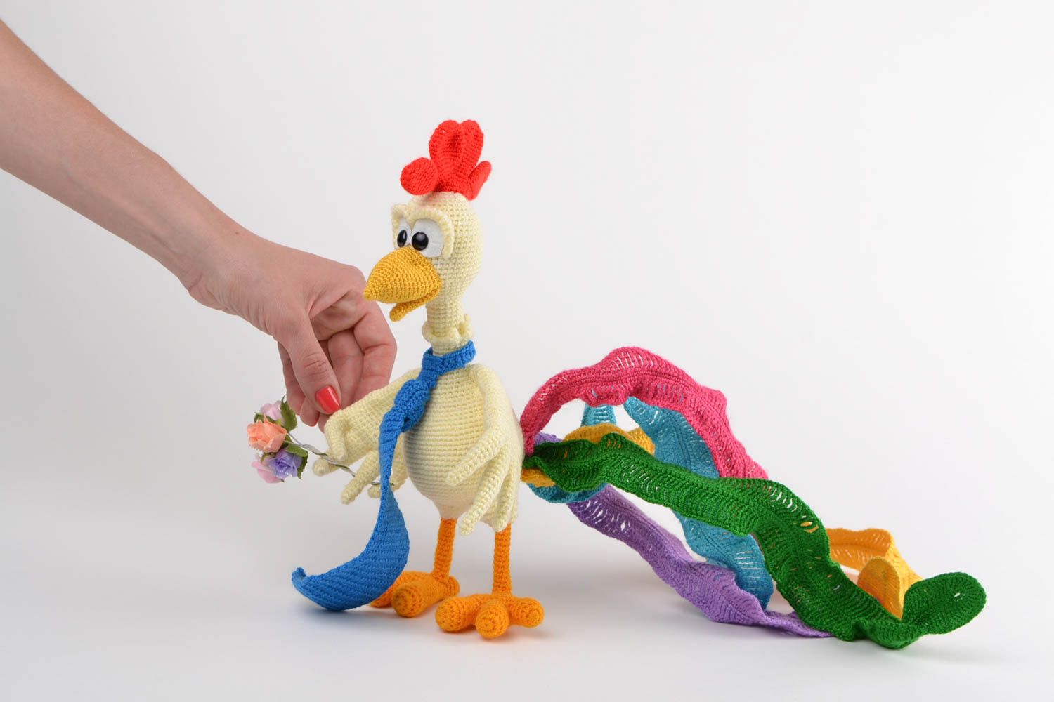 Handmade soft toy crocheted of acrylic threads cockerel with bright tail photo 2