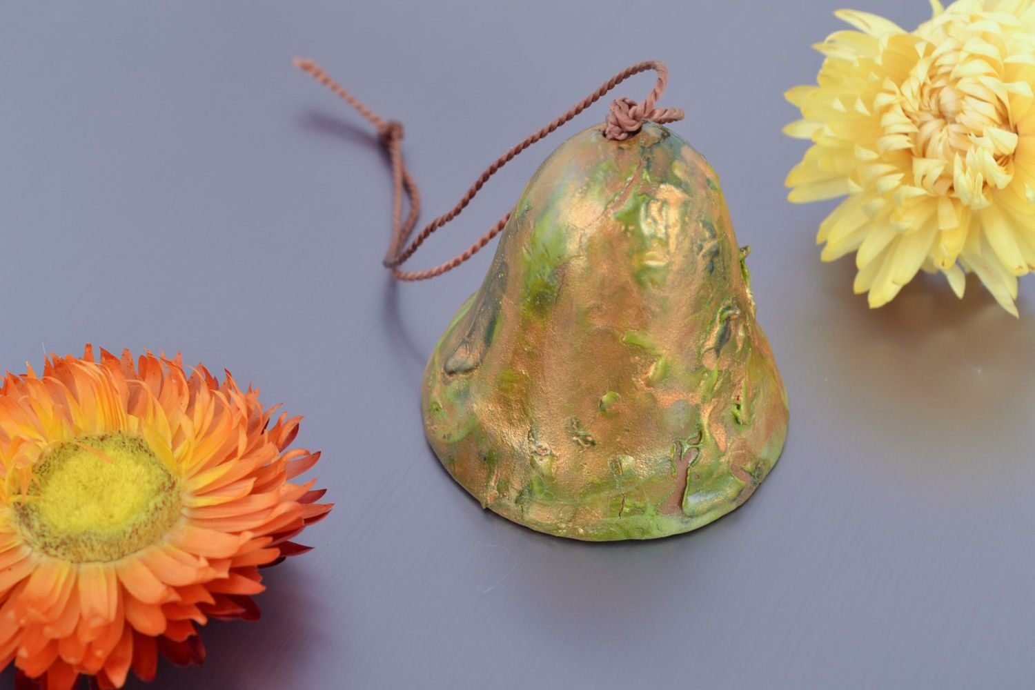 Small handmade decorative ceramic hanging bell with painting of classic shape photo 1