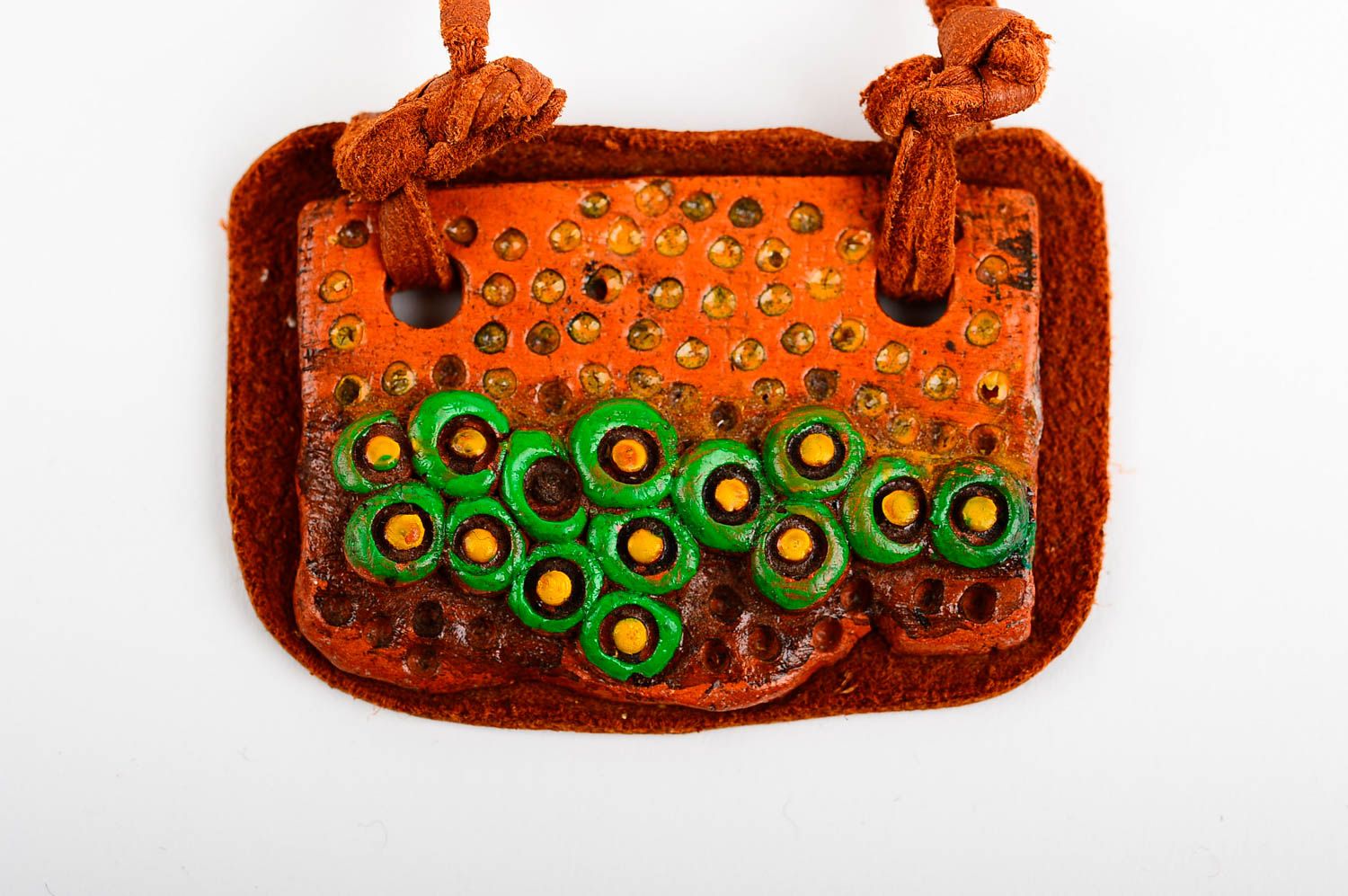 Pendentif céramique Bijou fait main peint vert orange cordon Accessoire femme photo 4
