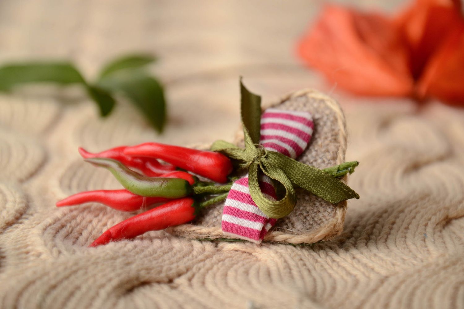 Unusual polymer clay hair clip with burlap Peppers photo 1